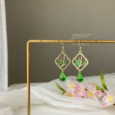 Bamboo teardrop dangle earrings, emerald green glass teardrop earrings, unique dangle